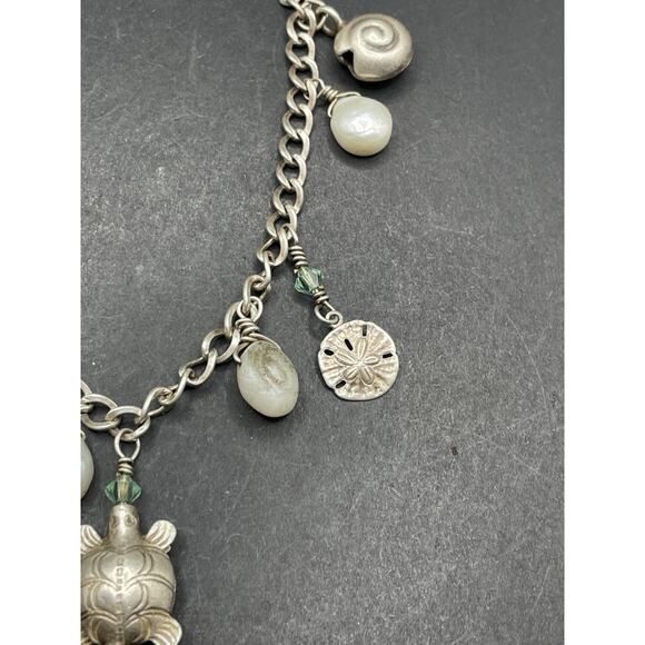 Vtg 925 Sterling Silver Pearl & Sea Creature Dangle Charm Bracelet Sz 7 1/4" 18g - Picture 3 of 10